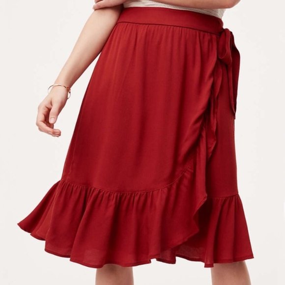 LOFT Dresses & Skirts - Ann Taylor LOFT Ruffle Wrap Midi Skirt Red Tie 10